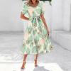 Women's Summer Short Sleeve Round Neck Waistband Bohemian Flowy Layered Maxi Dress With Pockets