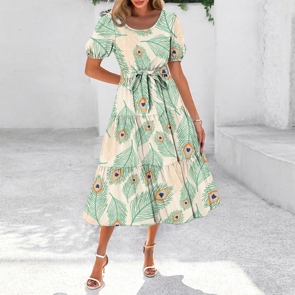 Women's Summer Short Sleeve Round Neck Waistband Bohemian Flowy Layered Maxi Dress With Pockets
