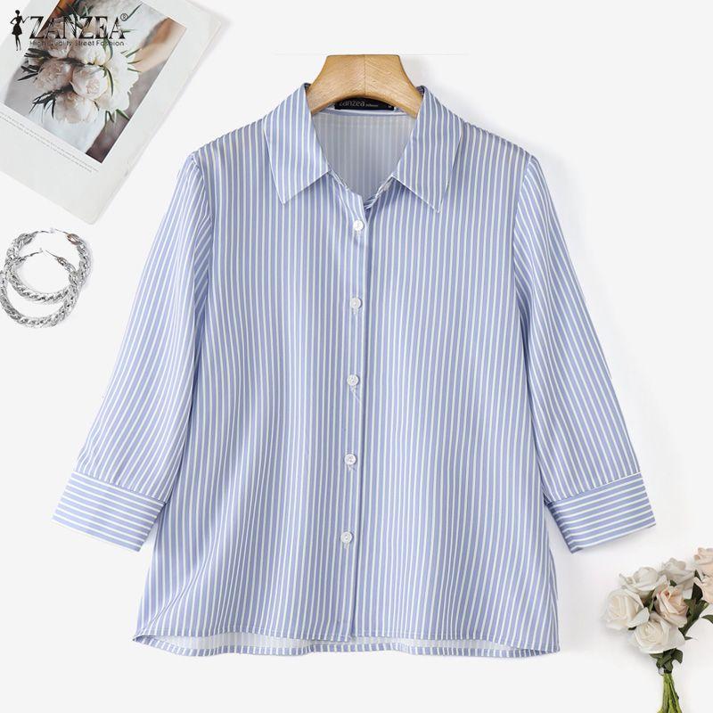 ZANZEA Women Daily Casual 3/4 Sleeve Loose Commute Stripe Blouse