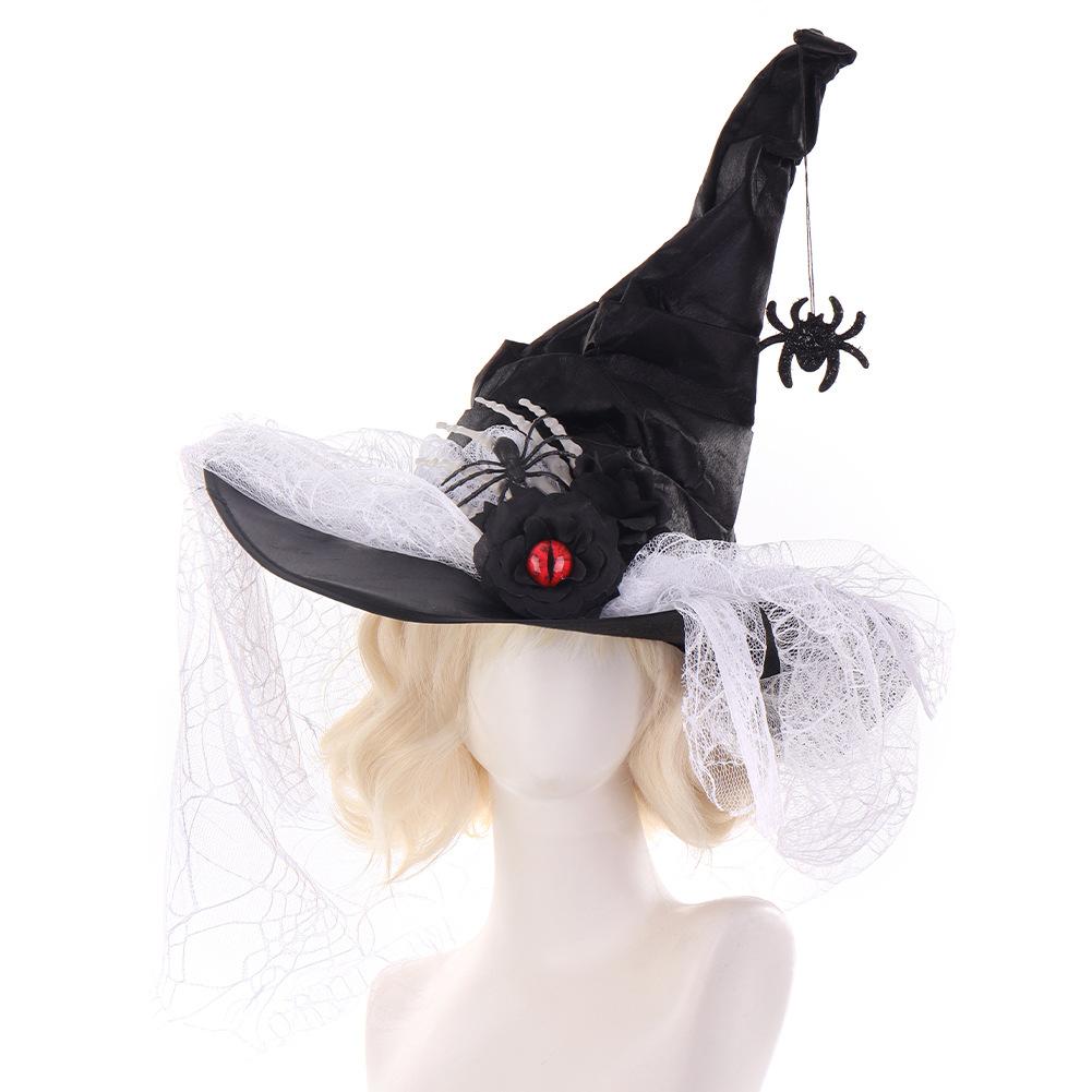 Halloween Crinkled Lace Witch Hat, Cosplay Wizard Hat for Party & Ball, Dark Bone Finger Decorations