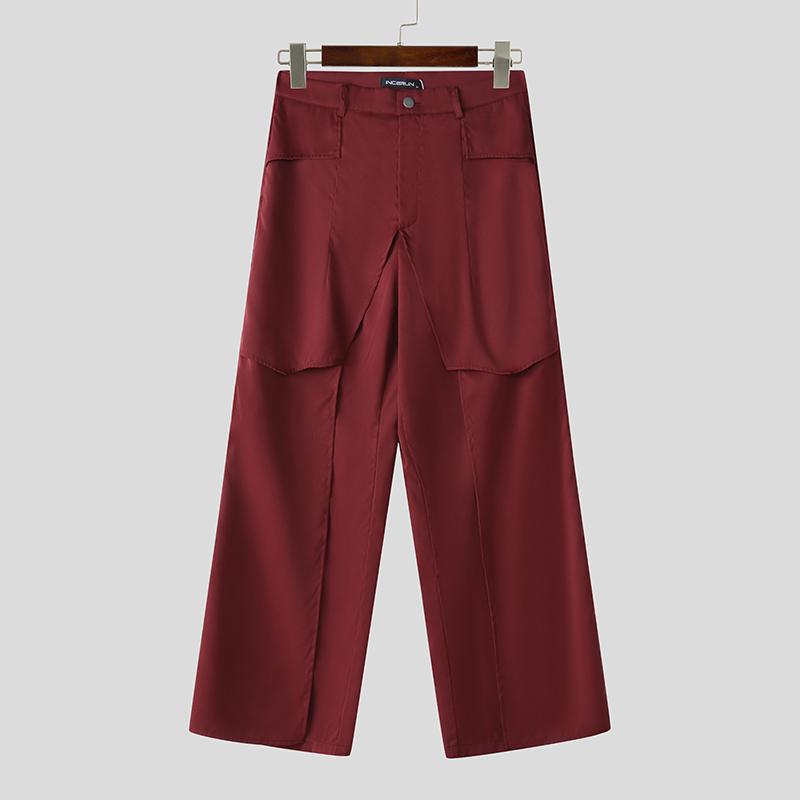 

INCERUN Men Zipper Up Layers Patchwork Casual Long Straight Pants Trousers 4XL вино красного
