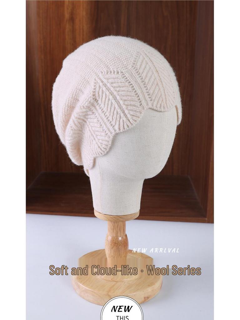 Versatile Pure Wool Knitted Beanie - French Openwork Design, Warm Ear and Head Protection