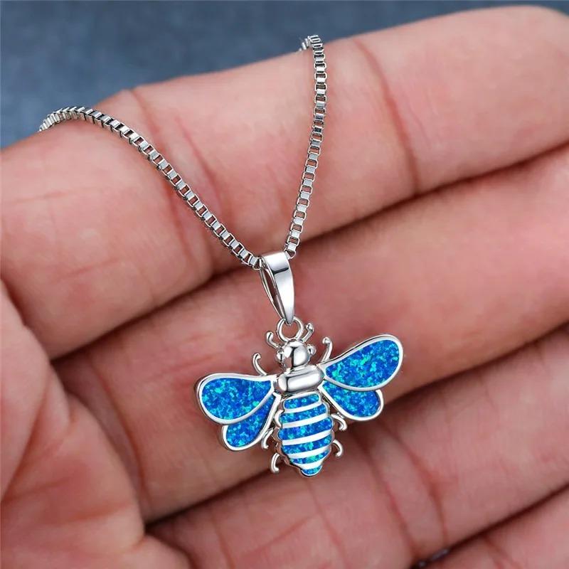 Fashion Cute Animal Bee Pendant Necklace For Women Inlay Blue Imitation Opal Necklace Wedding Jewelry Christmas Gifts for Her