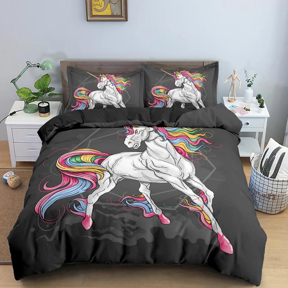 Unicorn Duvet Cover King Queen Cartoon Animal Bedding Set Kids Teens Adults Lovely White Magical Creatures Polyester Quilt Cover