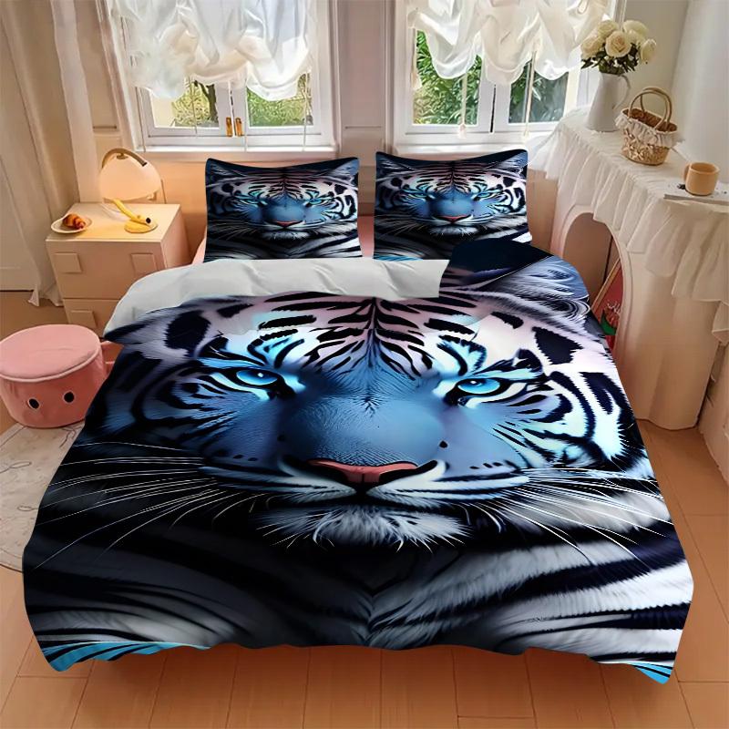 3pcs Tiger Print Bedding Set - 1 Duvet Cover + 2 Pillowcases(Core Not Included), Machine Washable Polyester Yy251216118
