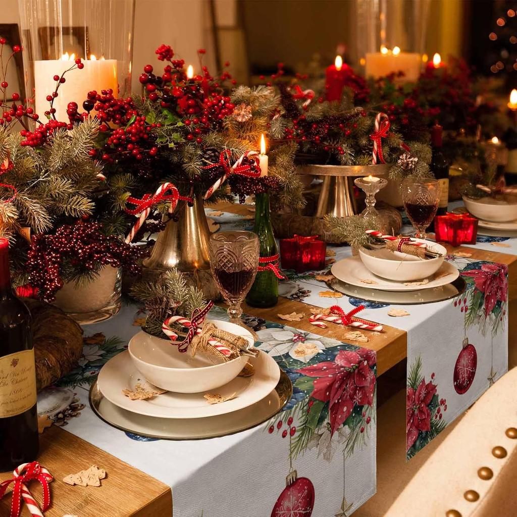 Christmas Ball Poinsettia Flowers Berry Linen Table Runner Party Decor Winter Xmas Snowflake Table Runners Christmas Decorations