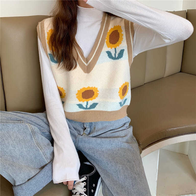 Retro kontrastní pletená vesta svetr slunečnicový top pletený dámská podzimní vesta pletená svetr svetr bez rukávů svetr do V s výstřihem