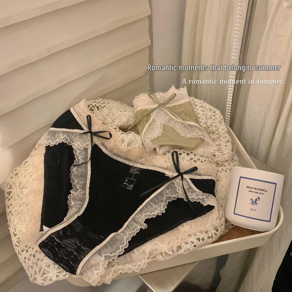 Low Waist Satin Lace Panties: Soft, Breathable, Mesh with Bow Accent, French Hip Lift, Seamless Pure Cotton Crotch