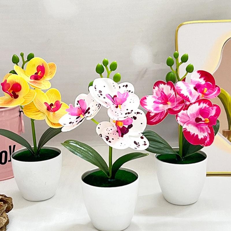 Artificial Orchid Potted Plant 3 Heads Mini Phalaenopsis Fake Flower Plastic Desktop Ornament Home Living Room Decoration