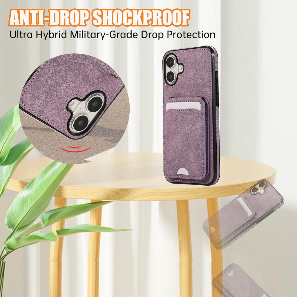 For iPhone 16 Case Card Holder Kickstand Leather+TPU Phone Cover with Shoulder Strap