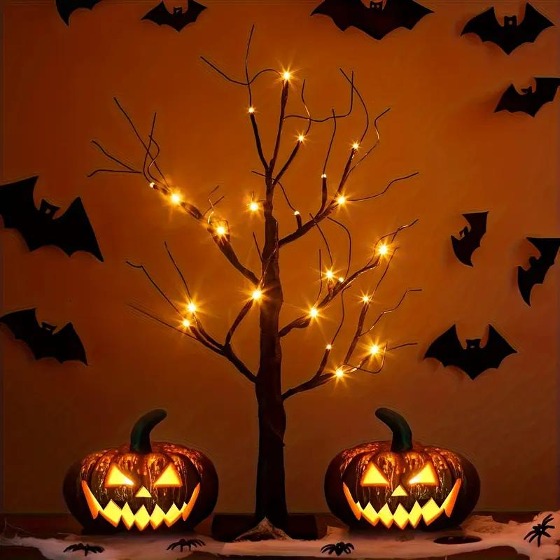 1pc Orange/Purple Glowing Halloween Birch Tree Light with 24L Black Branch Table Lamp Battery&USB For Indoor Holiday Decoration