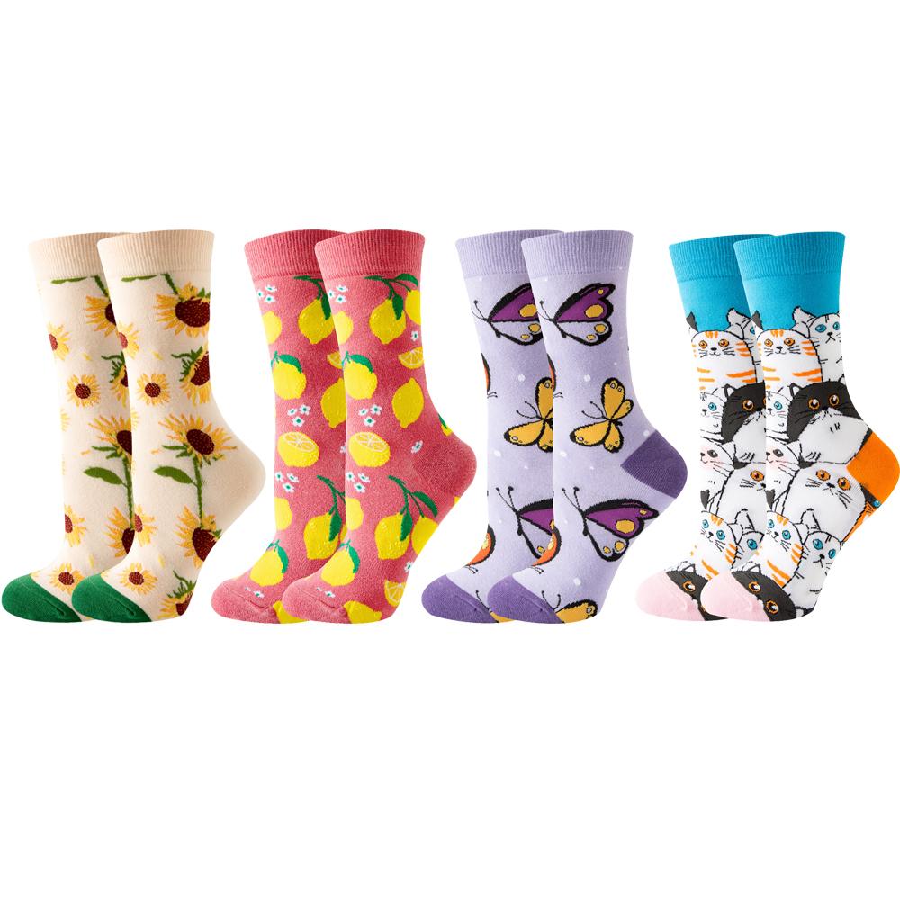 4 Pairs New Fashion Colorful Funny Happy Casual Women Socks Dress Harajuku Cute Cartoon Cat Dog Lemon Donut Girl Cotton Socks