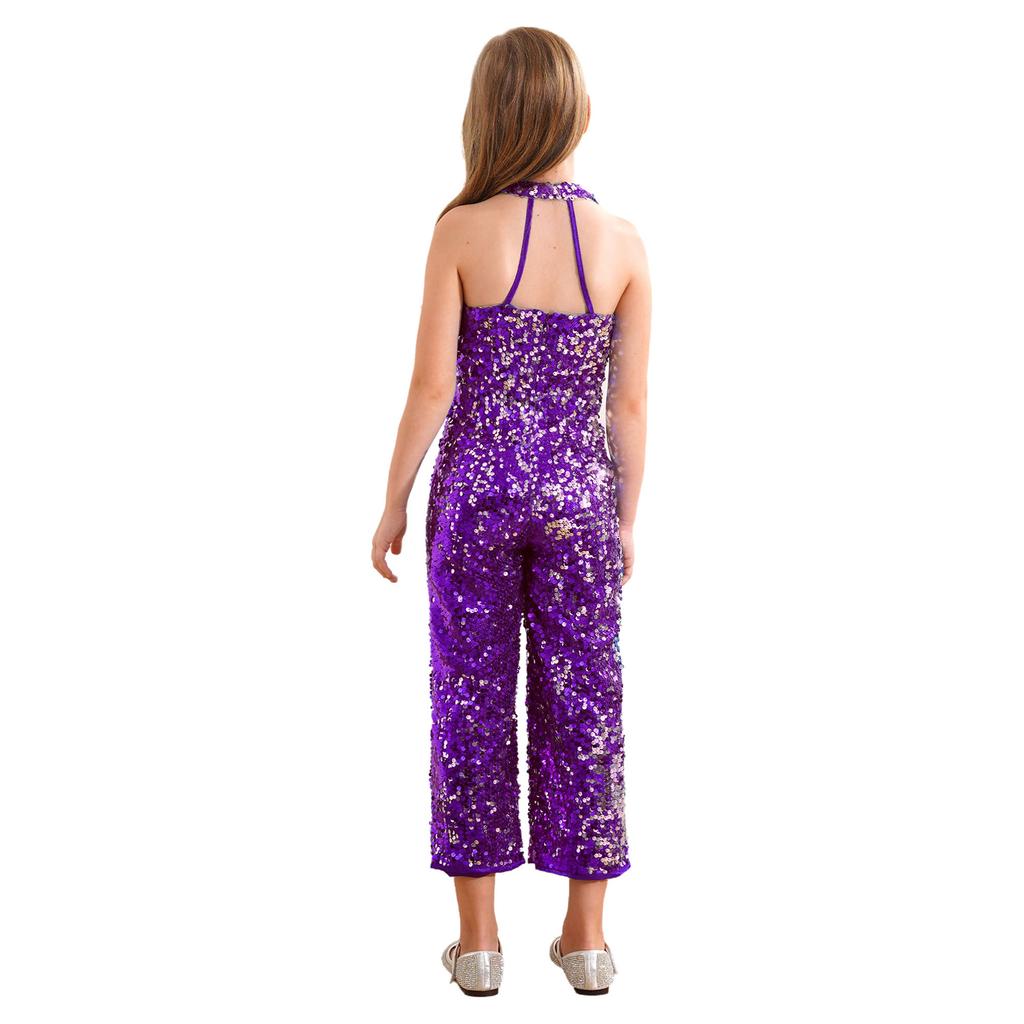 Flickor Glittrig Paljett Romper Halterneck Vida Byxor En Del Jumpsuit Ärmlös Fest Danskläder