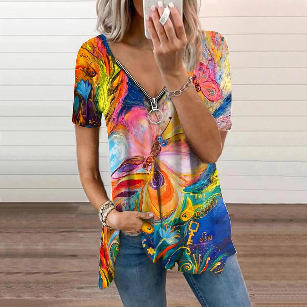 Women's Top Summer New Fashion Green Seaweed Printed Casual Zipper V-neck Short Sleeve Top