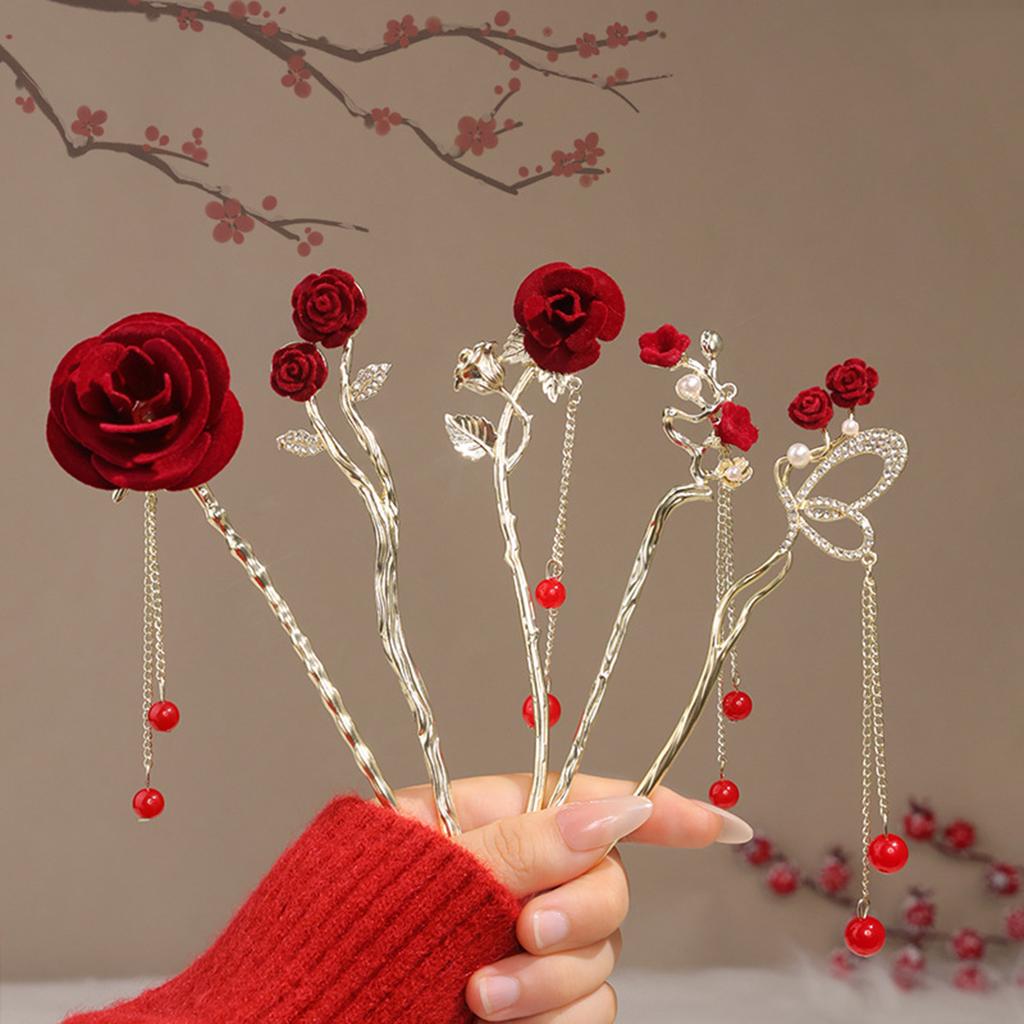 Chinese Style Rose Flower Hair Stick Hairpin For Women Red Flower Hair Comb Handmade Metal Alloy Headwear Girls Hair Accessories