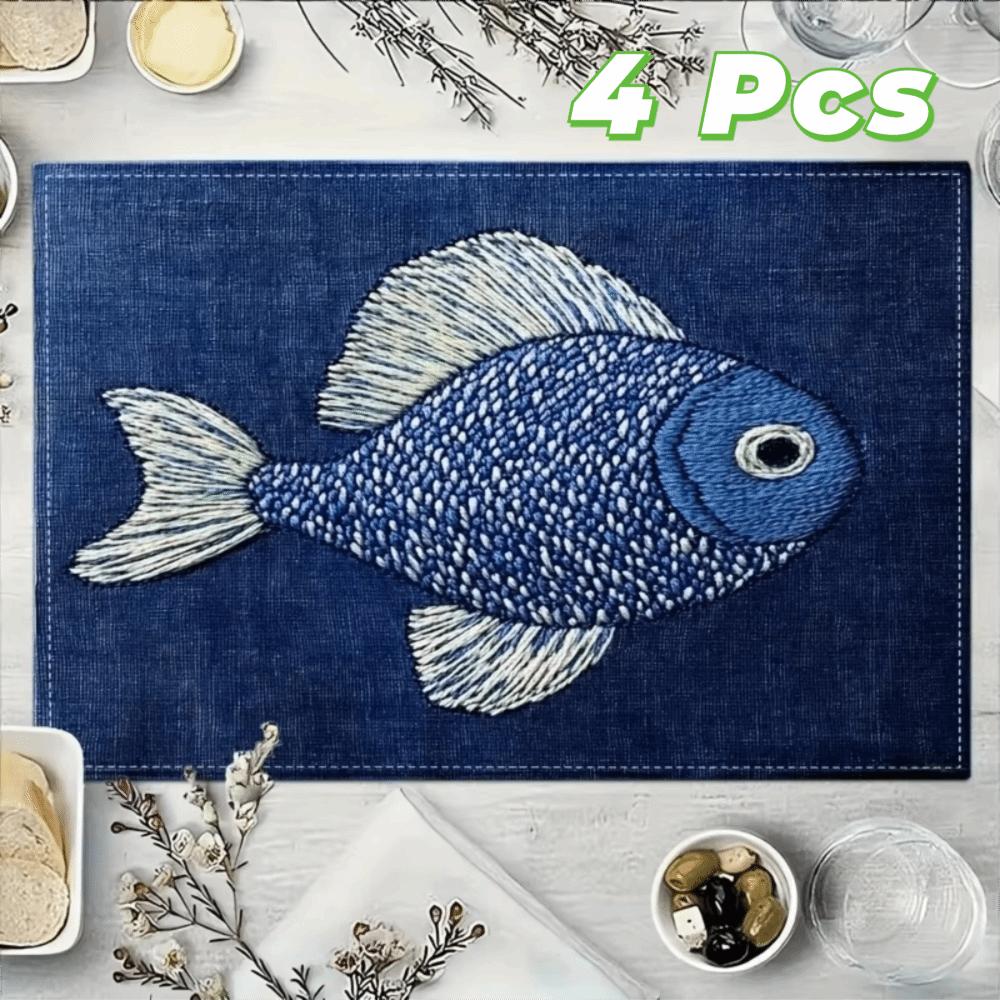 4PCS 2D Fish Pattern Place Mat Non-Slip Heat Insulation Pad Practical Table Mat  Table Decor