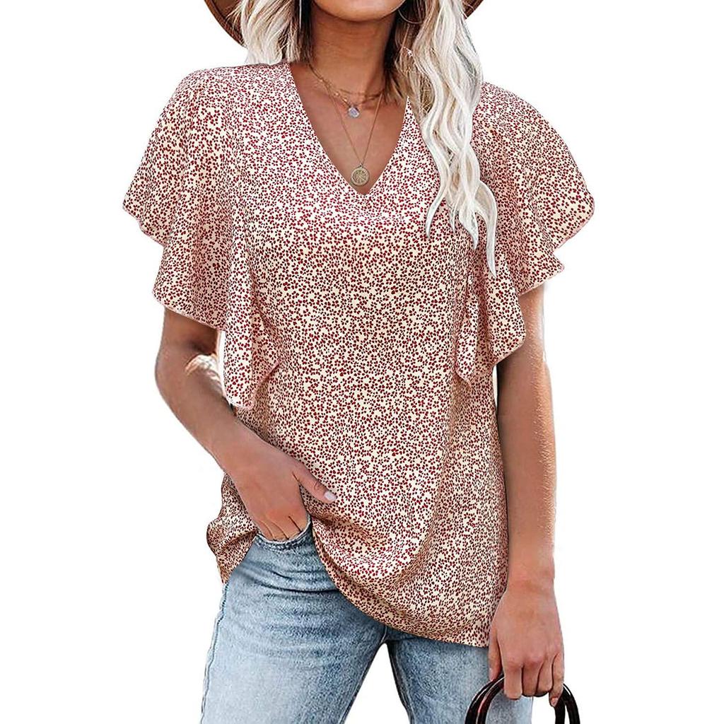 2026 Summer Women's V-neck Floral Pleated Short-Sleeve Shirt