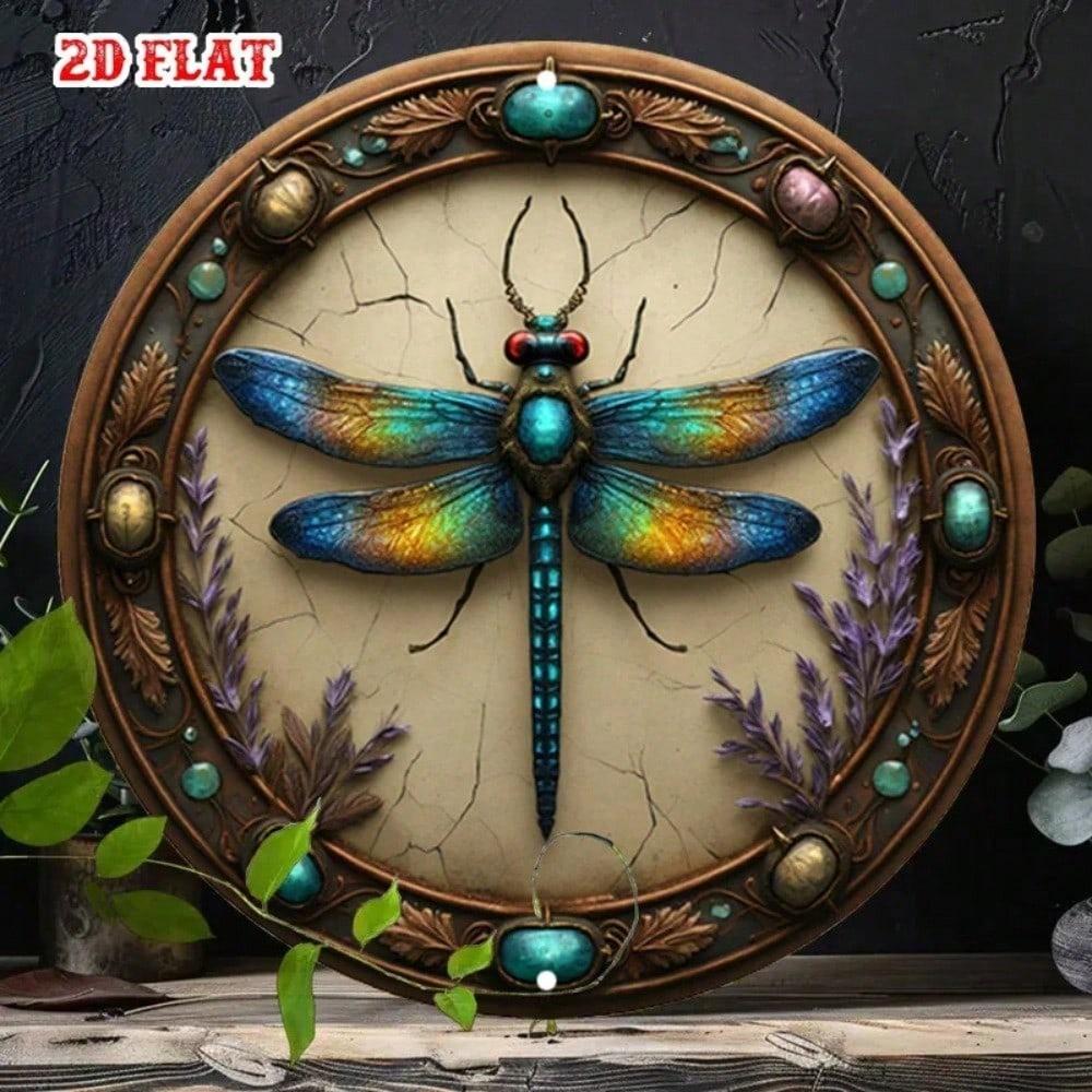 Vintage Dragonfly Metal Sign Round Aluminum Wall Art Rustic Farmhouse Garage Cafe Wildlife Decor