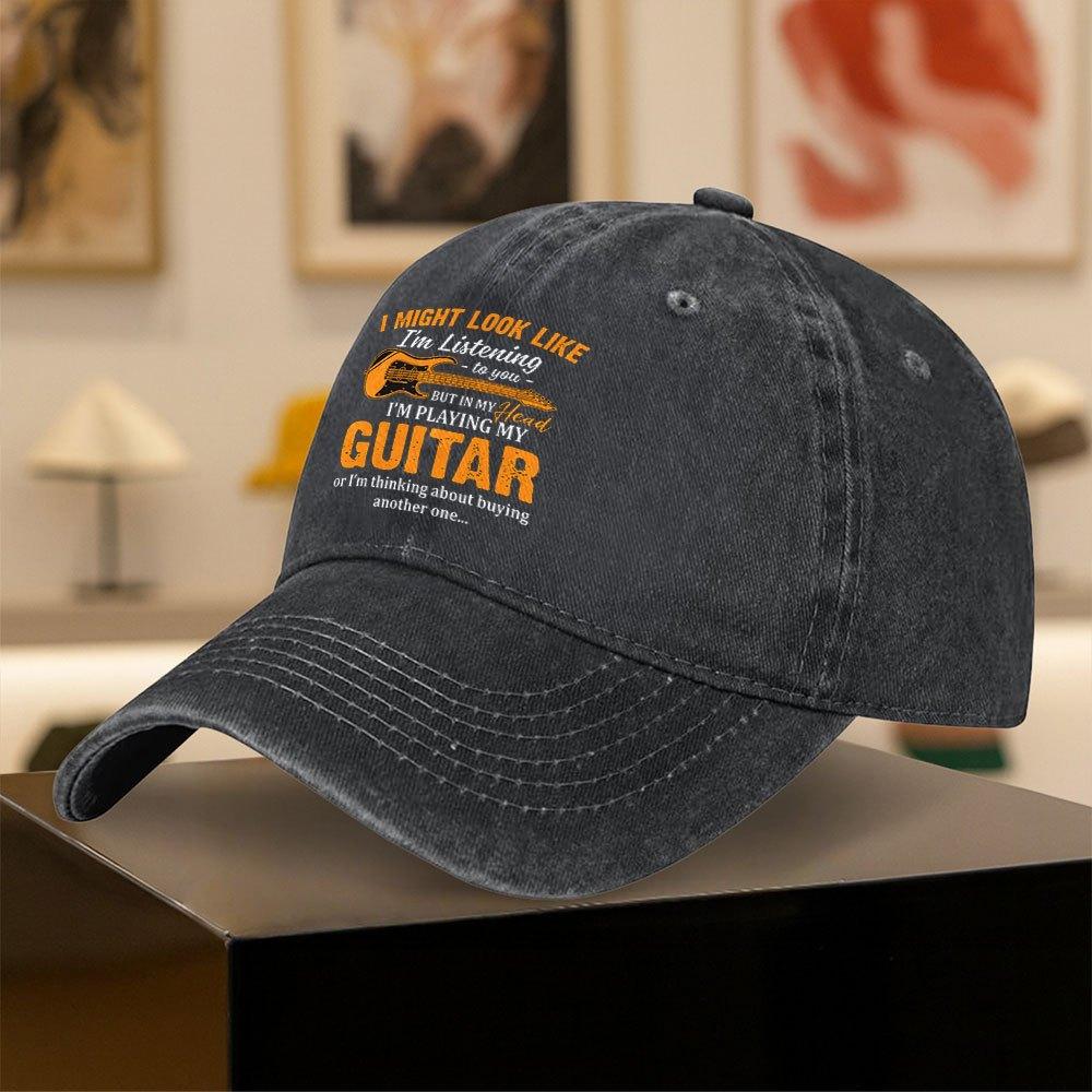 Men Vintage Guitar Print Baseball Cap  Lightweight Retro Curved Brim Hat Suitable for Summer Solid Color  MusicThemed Desig