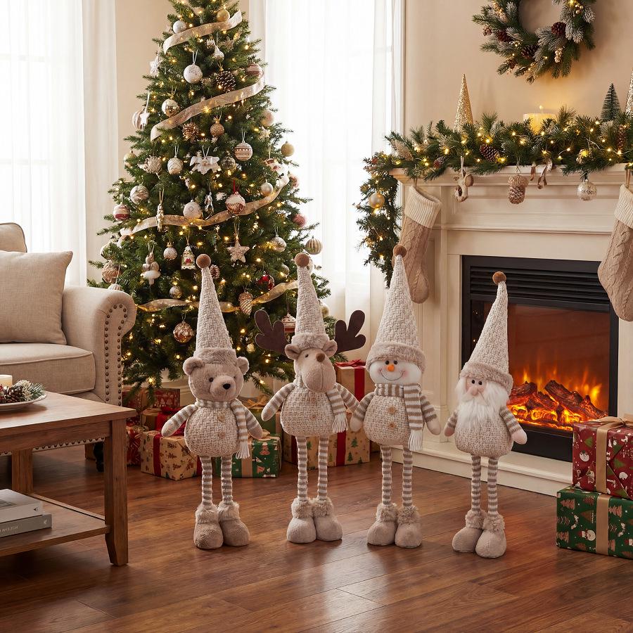 Khaki Kerstkaarten Serie Intrekbaar Beeldje: Oude Man, Rendier, Sneeuwman & Beer Vloerdecoraties