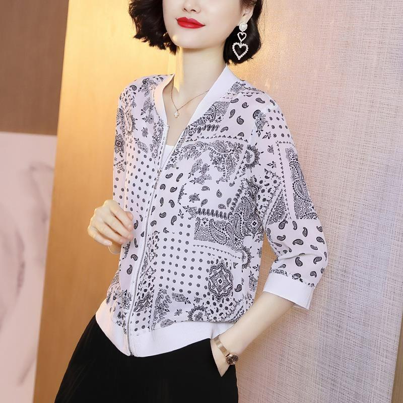 

Chiffon Printed Cardigan: Women s Versatile Spring 2025 Loose Long Sleeve Plus Size Jacket M