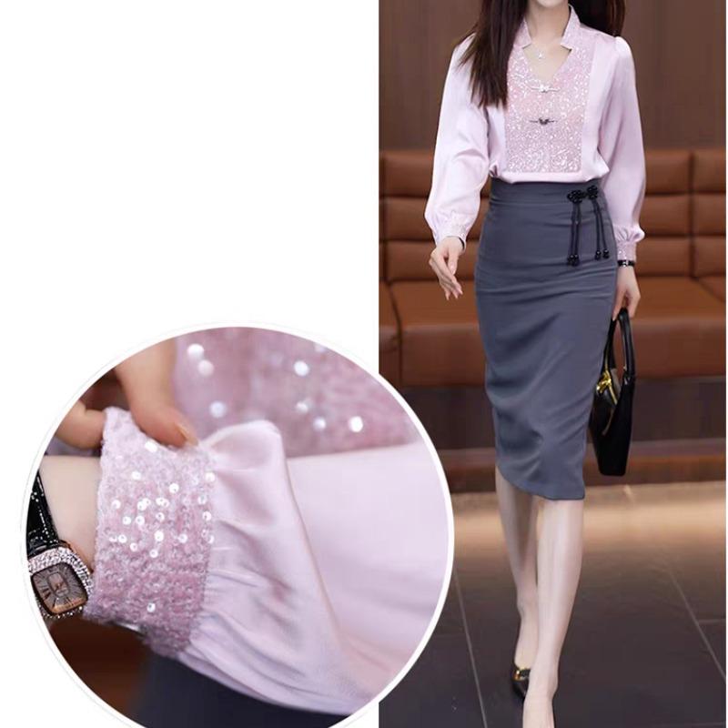 Women's Solid Color Pullover V-Neck Rivet Button Sequined Lantern Long Sleeve Patchwork Chiffon T-shirt Chinese Style Tops