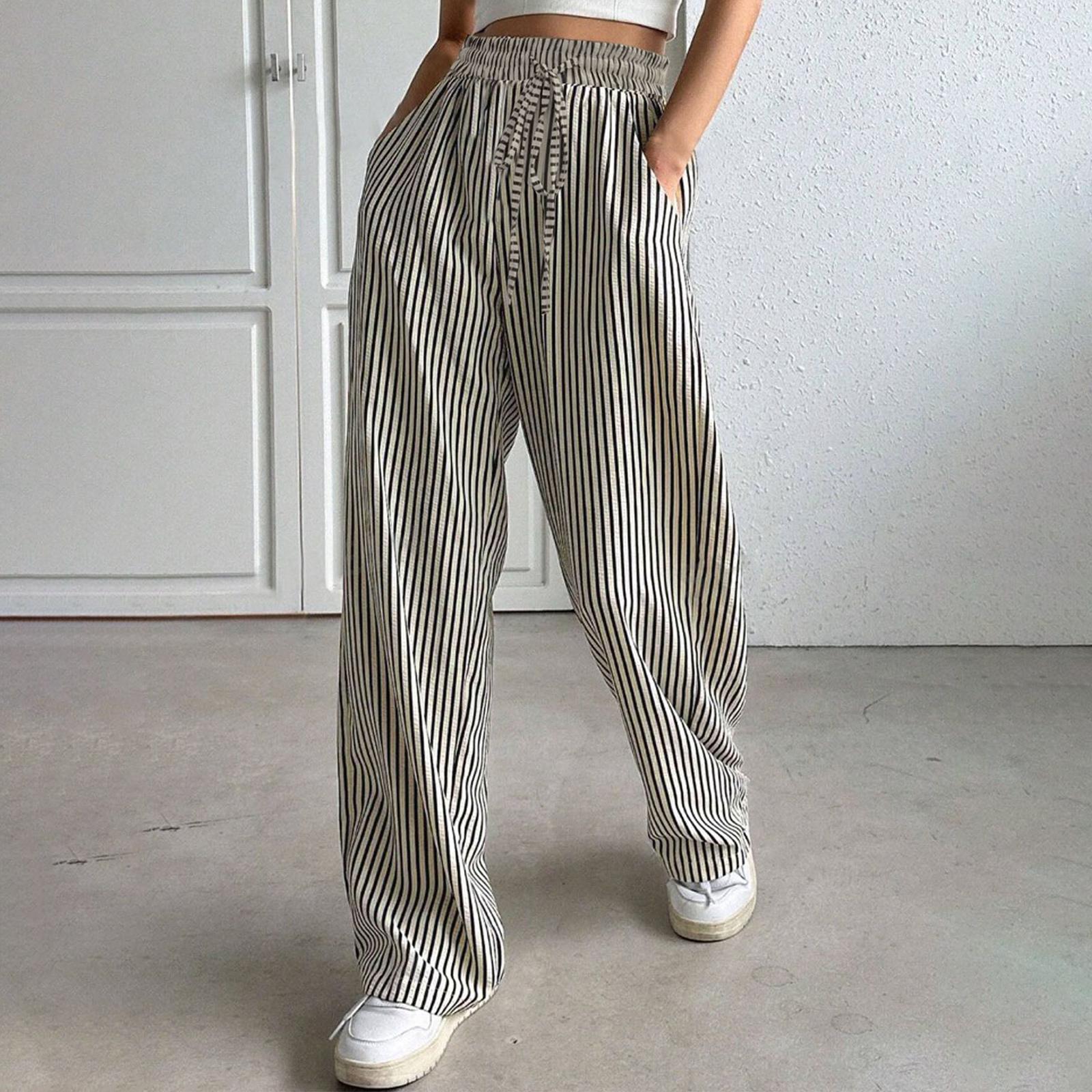 Women s Striped Casual Straight-Leg High-Waisted Loose Trousers L чёрный