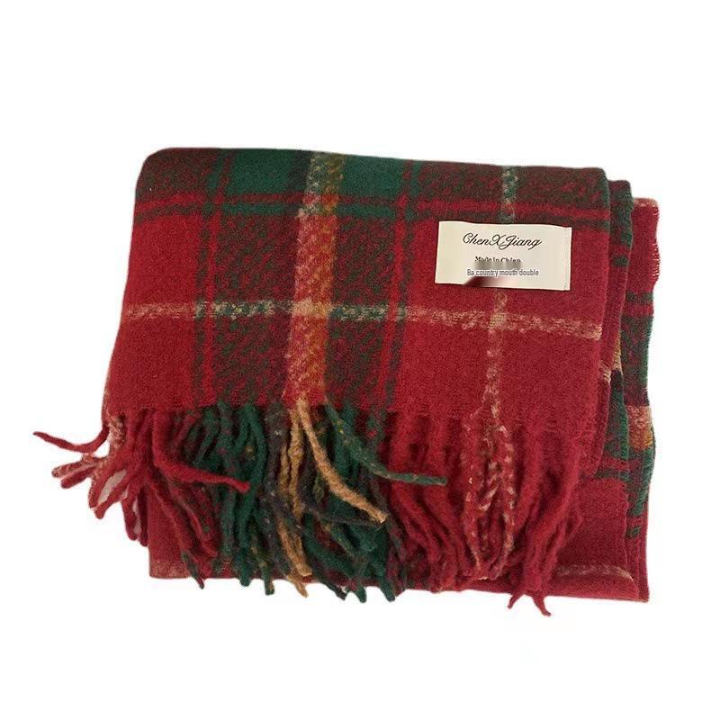 Écharpe à Carreaux Rouges Style Coréen - Snood d'Hiver Festif, Chaud et Polyvalent pour Femmes