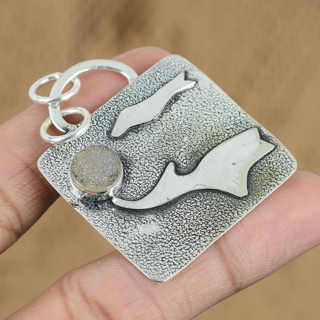 Gift For Women Pendant 925 Sterling Silver Natural Titanium Druzy Gemstone