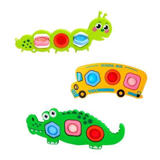3Pcs Stress Relief Push Bubble Toy Toddlers Fine Motors Skills Cartoon Caterpillar Crocodile School Bus Flipping Bubble Sensory Fidget Toy Travel
