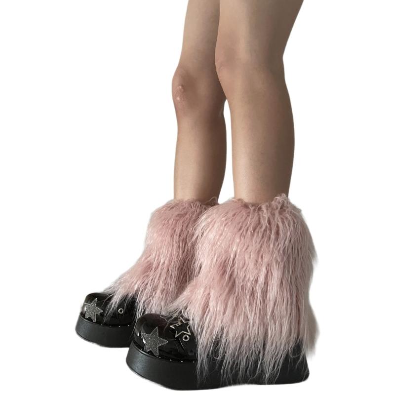 Fuzzy Faux Furs Leg Warmers Furs Heels Long Boots Cuffs Cover Has Elastic One Pair Carnivals Boot Cover Y2K JK Uniform