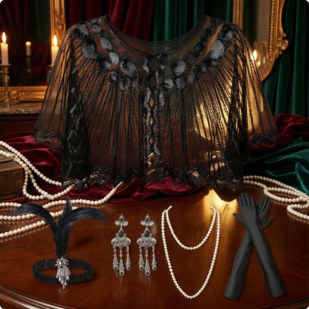 5 Pieces Great West Egg Shawl | 1920s Costume Set with Gloves, Sparkling, for