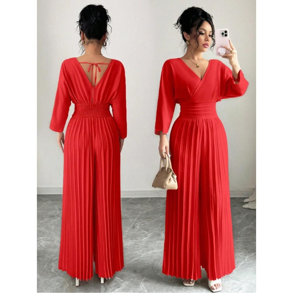 Women's V Neck Long Sleeve Jumpsuit Loose High Waist Elegant Solid Pleated Wide Leg Romper