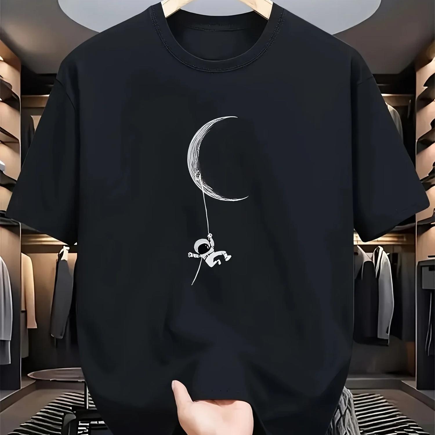 

s Summer 100% Cotton Fashionable Casual Loose Moon Astronaut Pattern Printed Sports Round Neck Short Sleeve T-shirt Top XXXXXL чорний