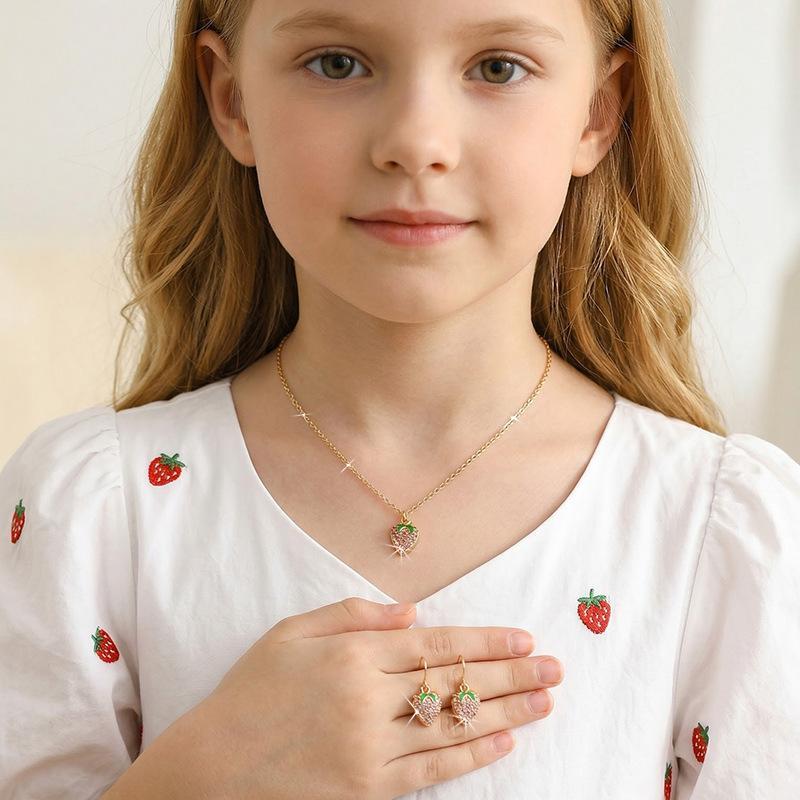 1 Set Alloy Strawberry Necklace Earrings Sparkly Rhinestone Inlay For Little Girls Daily Wear Birthday Gifts