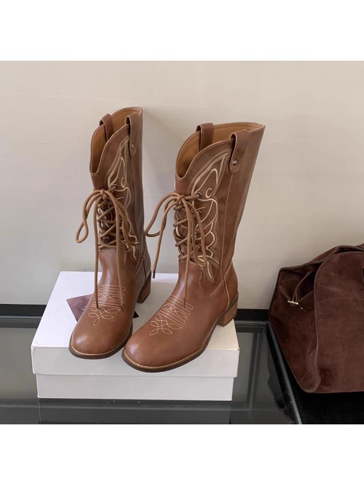 Fashion New Stylish and Versatile Lace-up Round-toed, Thick-heeled, Comfortable One-foot High Boots for Autumn and Winter 2025