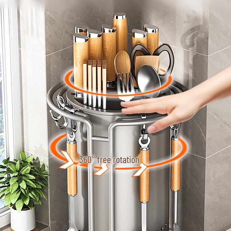 Rotating Kitchen Knife and Utensil Organizer with Drain Tray