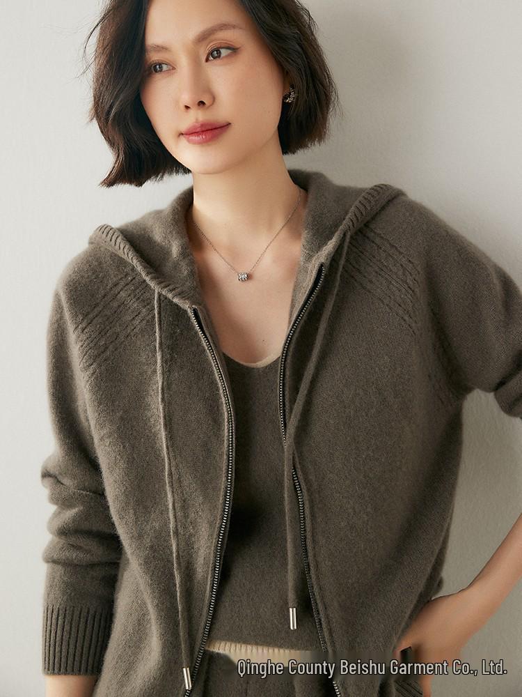 2024 Autumn-Winter Women's Cashmere Hooded Cardigan Knitwear Top