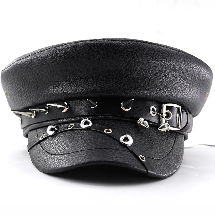 Women's punk Y2k Trendy Beret Black Pu Cool Punk Skull Spike Cap Leather Flat Top Captain Military Caps Women's Accessories