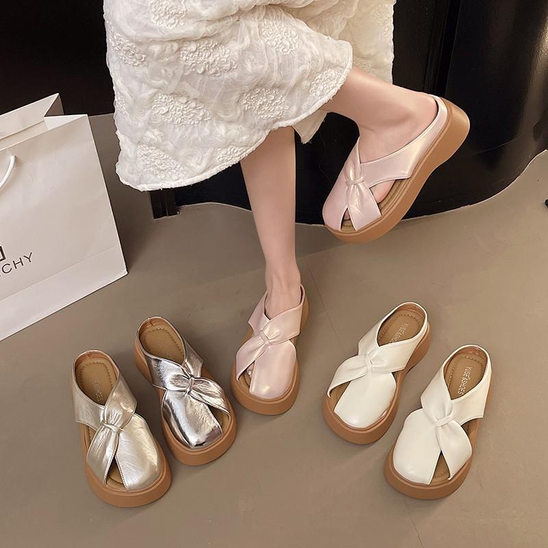 Baotou half slippers women's 2025 summer new Korean version round head flat bottom butterfly comfortable wear women's cool slippers