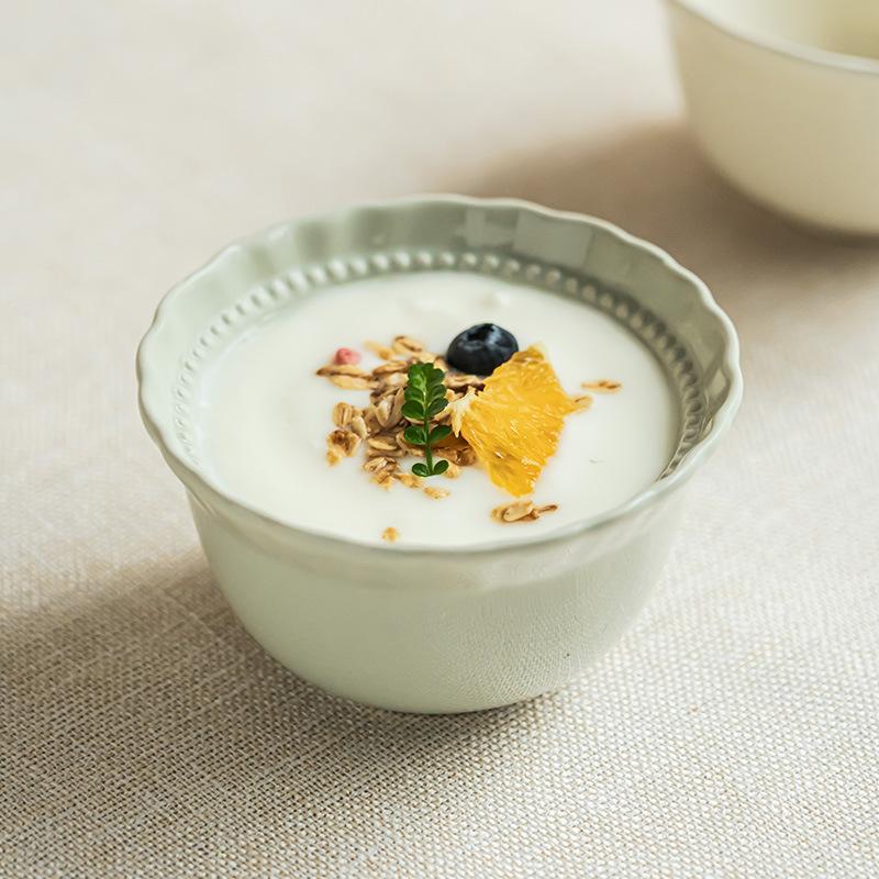 High-Value Solid-Color Ceramic Rice Bowl, Porridge Bowl, Household Tableware, Practical Lace-Shaped Breakfast, Yogurt Bowl, Fruit Bowl
