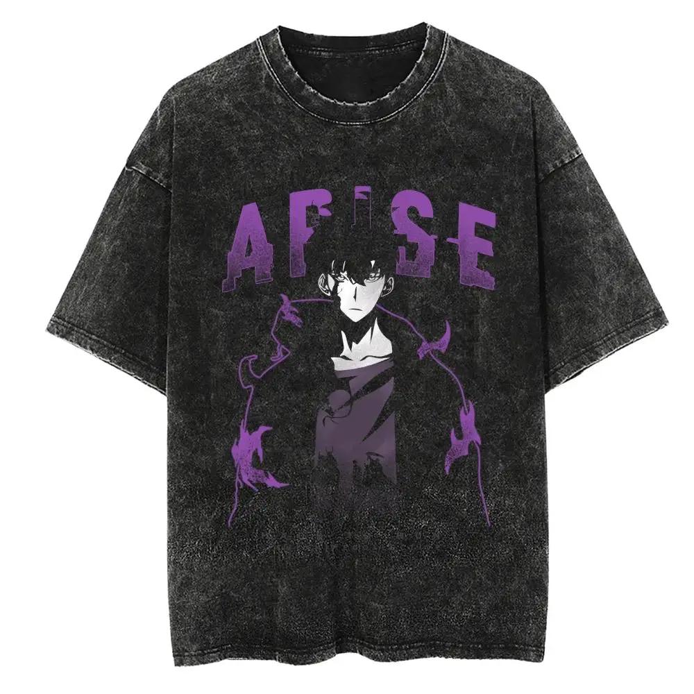 Hot Summer Anime Solo Leveling Sung Jin Woo Print T-shirt Women High Quality Washed Cotton T-shirts Harajuku Plus Size T Shirt