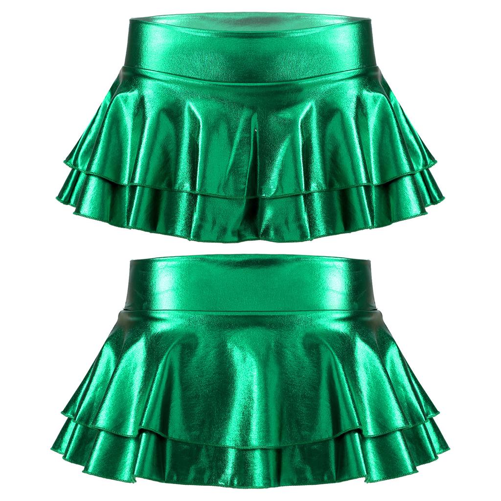 Womens Shiny Metallic Low Rise Ruffled Pleated Mini Skirts Rave Party Clubwear