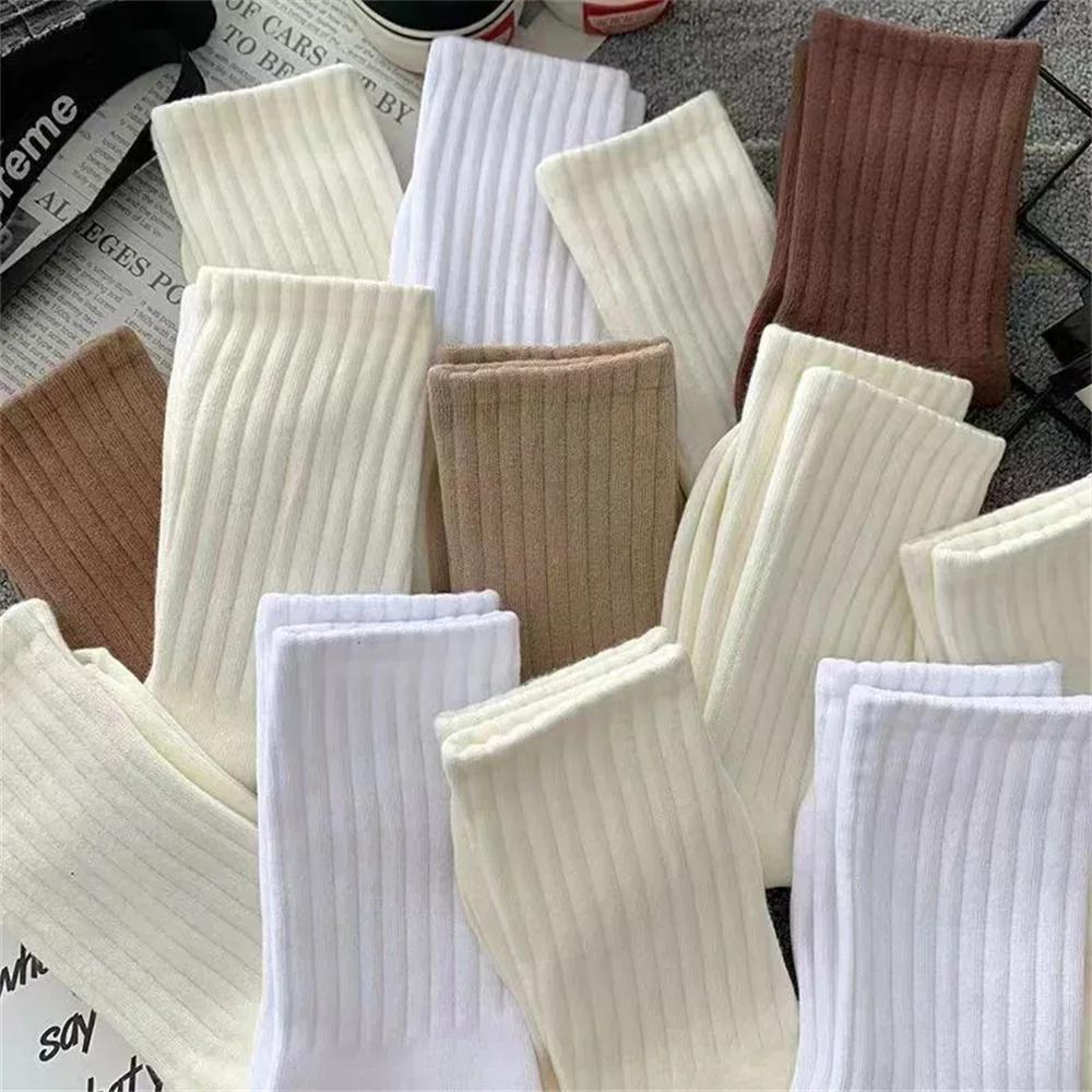 5 Pairs Mid Tube Polyester Cotton Women Socks Pack Set Japanese Fashion Solid Color Girls Vertical Stripes Socks