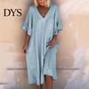 V Neck Midi Dress Summer Women Ruffle Patchwork Cuffs Loose Solid Color A-line Big Swing Half Horn Sleeves Casual Pullover Daily Wear Ruffled