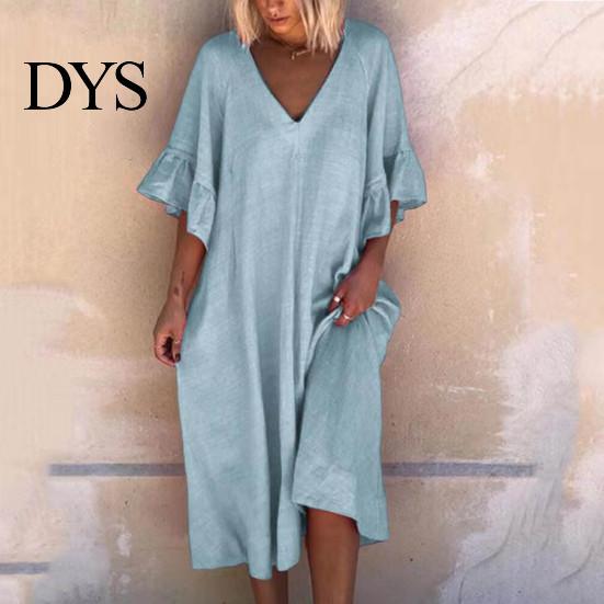 V Neck Midi Dress Summer Women Ruffle Patchwork Cuffs Loose Solid Color A-line Big Swing Half Horn Sleeves Casual Pullover Daily Wear Ruffled