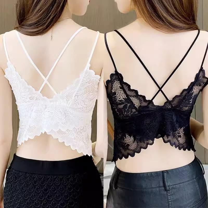 Butterfly Lace Wrap Chest Cross Strappy Tank Top with Pads - Sexy, Thin Bandeau Base Layer Lingerie for Women