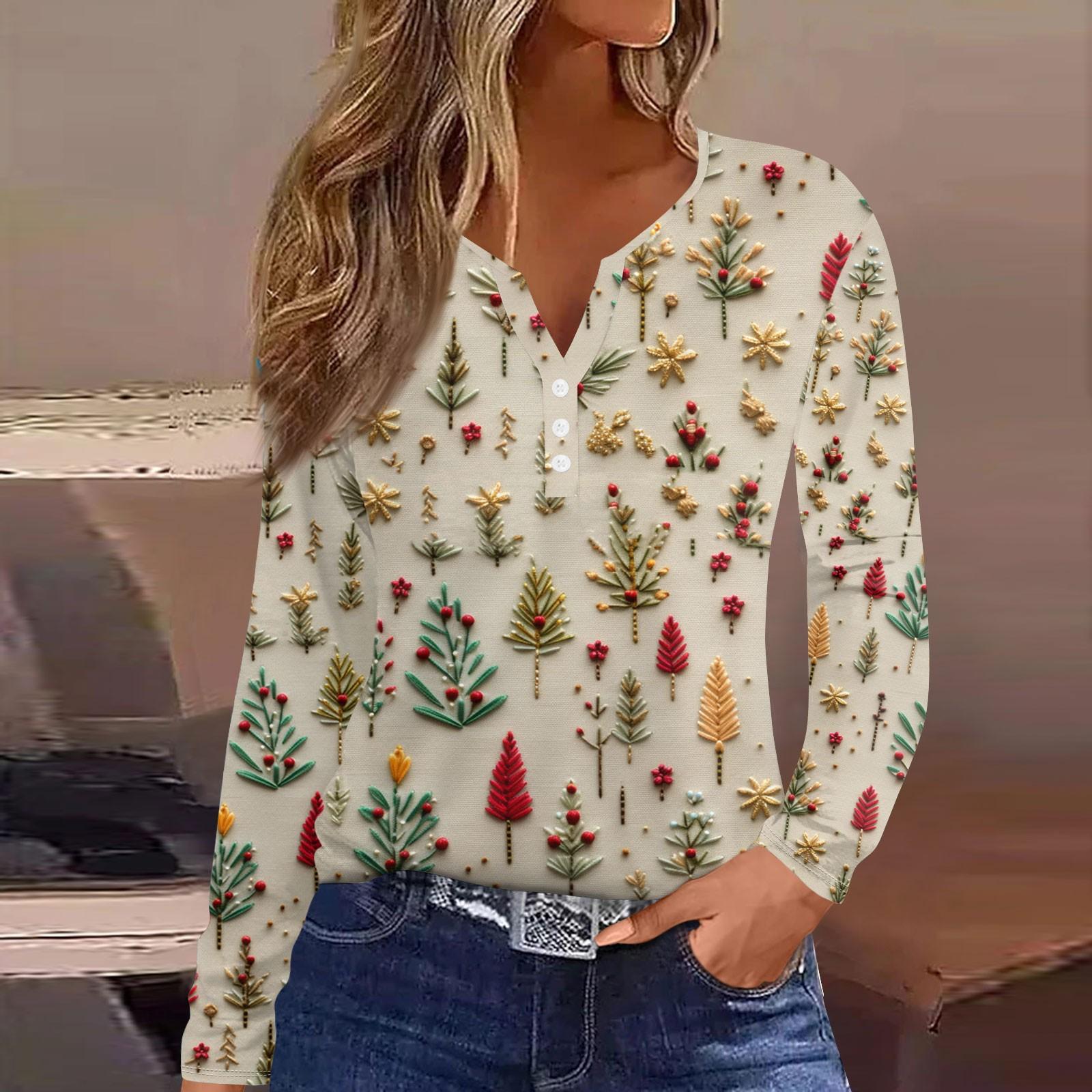 

Женская модная повседневная футболка с длинным рукавом и V-образным вырезом на рождественском принте на пуговицах M бежевый