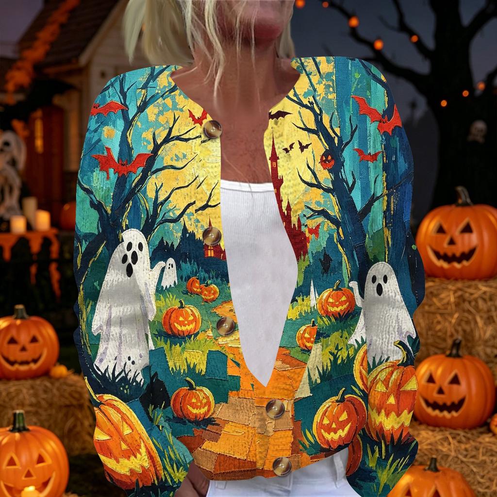 Damen Strickjacke mit langen Ärmeln, zum Knöpfen, Pullover mit Halloween-Print, Leichte Freizeit-Oberbekleidung