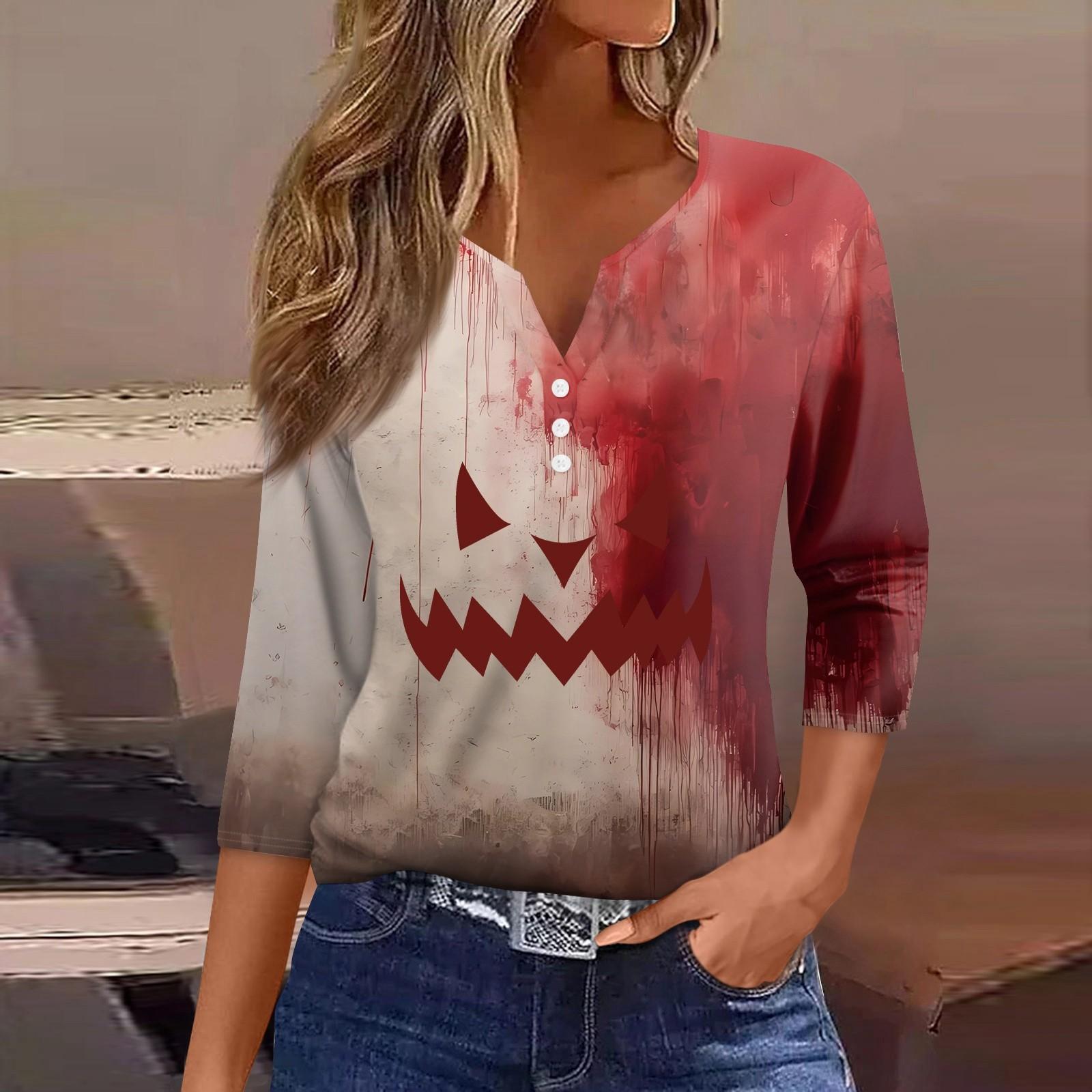 

Женская футболка с принтом на Хэллоуин, на пуговицах, рукав 3/4, повседневная мода на выходные, базовый топ с V-образным вырезом XL красный